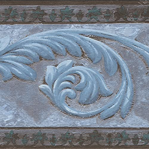 Dundee Deco Wallpaper Border Peel and Stick DDAZBD9539 - Damask Blue Grey Scrolls Wall Border Retro Design, 15 ft x 7 in (4.57m x 17.78cm), Self Adhesive