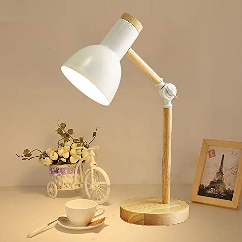 Mengjay Nordic Tischlampe Moderne Lesetischlampe Schlafzimmer Nachttischlampe mit Augenschutz Industrielle Schreibtischlampe Verstellbares E27 Holz Nachtlicht für Kinder Arbeitszimmer (Weiß)