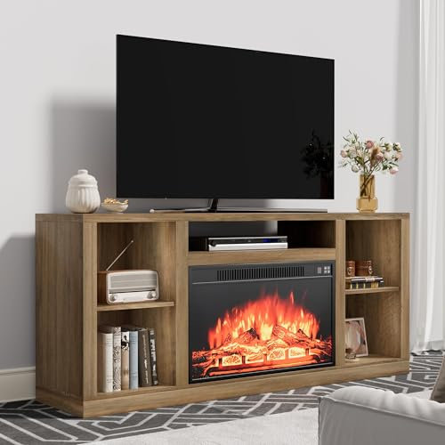 YESHOMY Meuble TV avec cheminée électrique pour téléviseurs jusqu'à 165 cm et plus, table console avec quatre étagères et armoires de rangement ouvertes, 147 cm, bois rustique