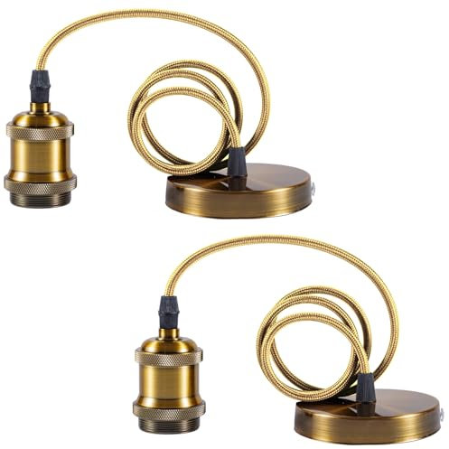 Sevenpers Light Fittings Ceilings, 2 Pack E27 Vintage Pendant Light Fitting in Bright Brass with Ground Wire and 90cm Braided Cable