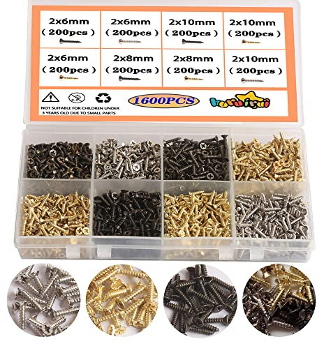 huruirui 2mm Small Screws Set,1600pcs Wood Screws 6mm 8mm 10mm Flat Head Cross Head Self Tapping Screws Set Parts for Appliance Repair-Golden Silver Black