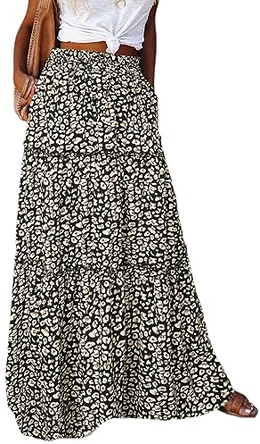 Byoauo Damen Langer Rock Hohe Taille Elastische A-Linie mit Taschen Blumen Casual Falten Rock Maxirock