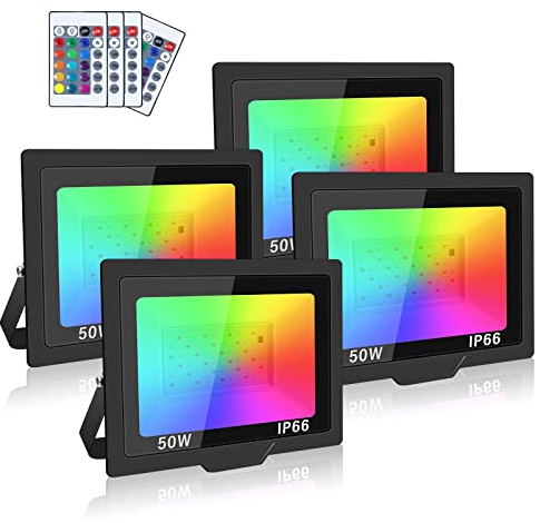 SKYWORLD RGB Strahler 50W RGB Strahler mit Fernsteuerung 4 Stücke,LED RGB Strahler 16 Farben 4 Modi Dimmbar Fluter Lampe,IP66 Wasserdicht LED Strahler Bunt für Aussen Innen Garten Hinterhof Garage