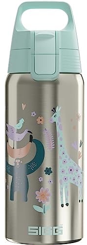 SIGG - Isolierte Trinkflasche Kinder - Shield Therm One Jungle - Kohlensäuregeeignet - Auslaufsicher - Spülmaschinenfest - BPA-frei - 90% recycelter Edelstahl - Brushed & Hellblau mit Tieren - 0,5L