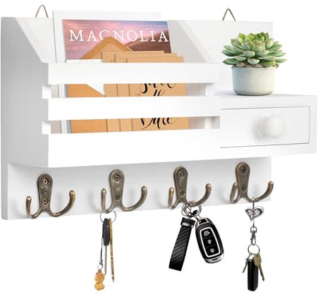 HOMEBROS Support mural pour clés en bois blanc avec tiroir, porte-clés, courrier adhésif avec étagère, 8 crochets à clés pour entrée, porte, couloir, 2 méthodes d'installation