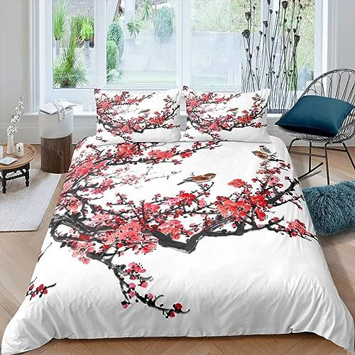 SIVAGA Copripiumino Matrimoniale Bosso di Prugna Stile Cinese Biancheria da Letto, in Microfibra Morbida Cozy Stampata in 3d con Copripiumone 240x220 con 2 Federa con Cerniera