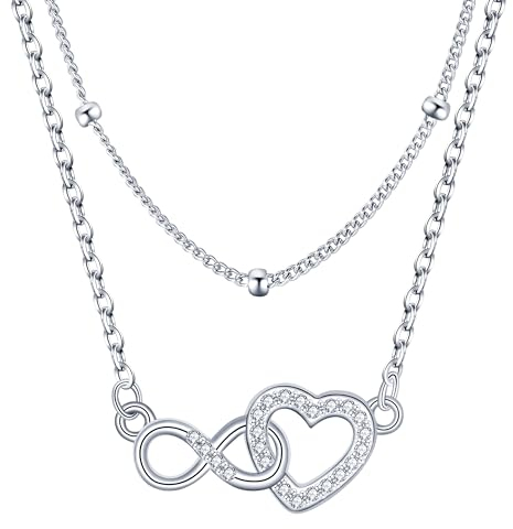 Lydreewam Unendlichkeit Herz Ketten Silber 925 für Damen, Doppel Layered Freundschaft Halsketten mit Kugeln und Zirkonia, Muttertag Geburtstag Ketten Geschenk