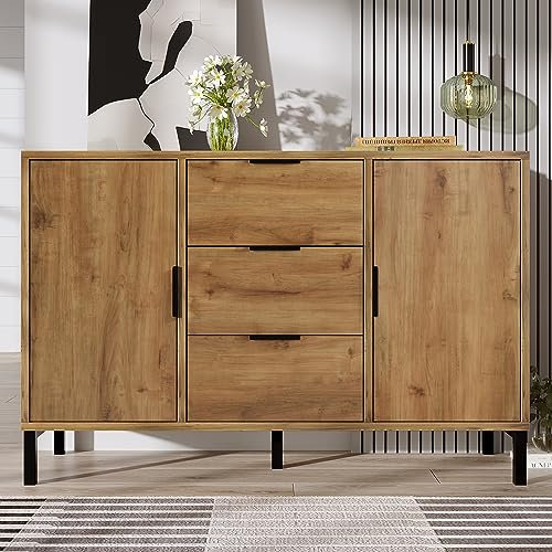 BTM Buffet de Salon, Commode avec 2 Portes et 3 tiroirs, Armoire Rangement, étagères réglables, Meuble bahut Salle a Manger pour Chambre, 120 x40x76cm, chêne Profond Bois