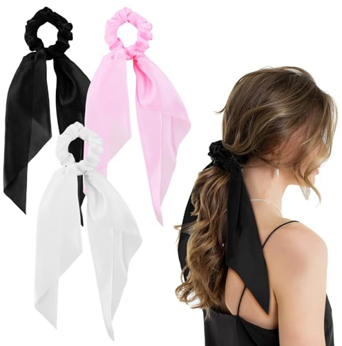 WLLHYF 3 Stück geknotete Haargummis Satin-Schal Haargummi elastische Schleife Haarbänder Pferdeschwanzhalter seidiges Haarband langer Schwanz Haarschmuck für Frauen und Mädchen