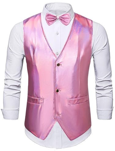 Panegy Herren Glitzer Weste Glänzende Pailletten Anzug mit Fliege Set V-Ausschnitt Anzugweste Festlich Kostüm Herstellergröße L/DE Größe M-L-A-Rosa