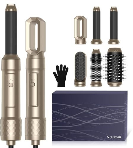 6 in 1 Airstyler Warmluftbürste Set, mit 6 Ersatz:1000W Haartrockner,Rundbürstenföhn Thermal Brush Airflow Lockenstab Automatisch,Föhnbürste,Glättbürste,Glätten,Gold