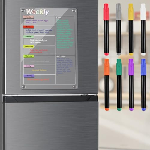 REFORUNG Pizarra Magnetica Nevera Acrílico, Pizarra Calendario Transparente con 8 Rotuladores de Colores, Reutilizable Planificador Semanal Magnetico con 4 Imanes para Tareas Apuntes Menu(30×20cm)