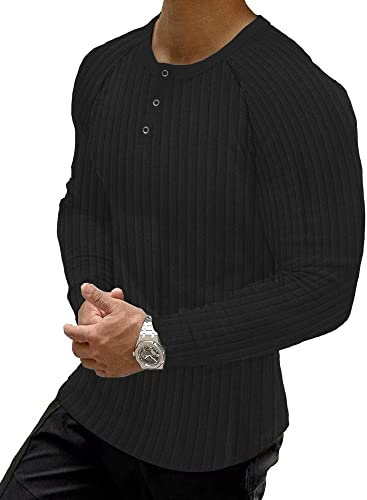 Muscle Cmdr Men's Ribbed Henley Shirt Slim Fit Muscle Shirt Fitted Cotton Long Sleeve Casual T-Shirt Black/M