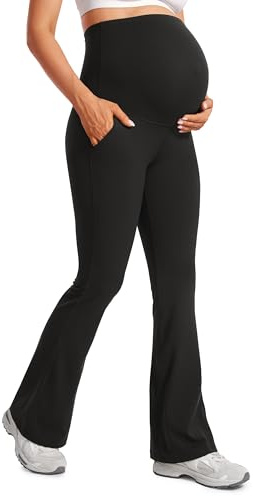CRZ YOGA Butterluxe Maternity Flare Leggings Pockets 31 - Workout Yoga Bootcut Pregnancy Womens Pants Over The Belly Black Small