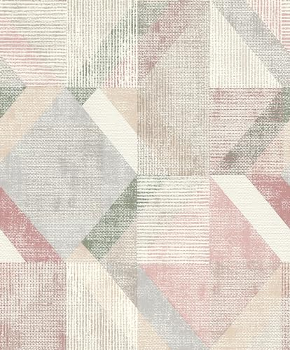 Rasch Tapeten 311914 - Vliestapete mit Drei- und Vierecken in Altrosa, Beige, Grün und Grau aus der Kollektion Color your life - 10,05 m x 0,53 m (LxB)