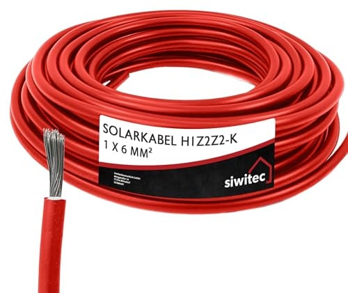 siwitec Solarkabel H1Z2Z2-K 1 x 6 mm²| 10 m Photovoltaik Kabel | Solarleitung | PV Kabel nach Maß | Meterware 5-100 m | Einzelleitung rot | Solar Kabel
