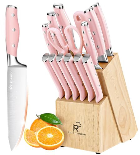 Justup Messerset, Rosa Küchenmesser Set Profi Messerset mit Holzblock, 15-tlg Messerblock mit Messer, Edelstahl Küchenmesser Scharfe Set, Kochmesser Set mit Schärfer, Steakmesser, Schere (Rosa)