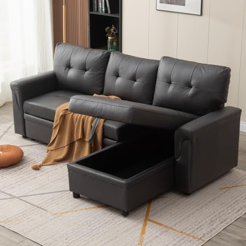 Panana 3 Seater Conrner Sofa Bed, Pull-out Sofa Bed with Universal Storage Chaise, 2 Fabrics and Colours For Option (Black Leather Like Fabric)