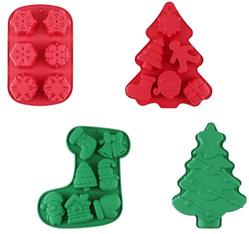 Confezione da 4 stampi in silicone natalizio, stampi per cioccolatini natalizi, stampi per biscotti di Natale, stampi per dolci e gelatine per feste di Natale