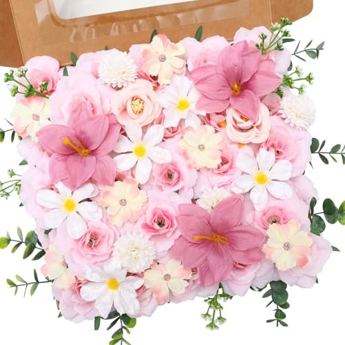 Nubry 64 Pcs Fuchsia Artificial Flowers Fake Roses Mix Silk Lily Flowers with Stems for Table Centerpieces, Baby Shower, Wedding Bouquets, Birthday Party Decor