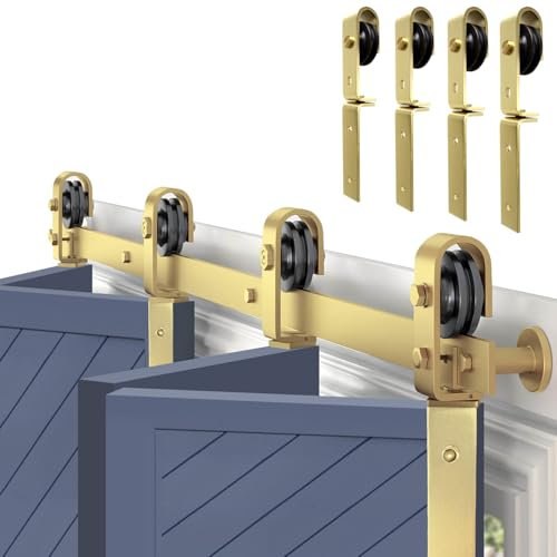 Rio Salto Gold Bifold Sliding Barn Door Hardware Kit Heavy Duty Metal Track System with Matching Knobs Gold Bi-Fold Barn Door Bifold Closet Panel, Bi-Folding 64 Track for 4 Doors, 4 Rollers No Door