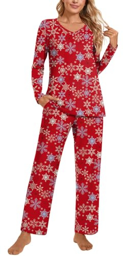 POPYOUNG Womens Fall-Winter 2 Piece Pajama Sets Long sleeve V-neck Tunic Tops with Comfy Pants Lounge Sleepwear Ladies Pjs Sets with Pockets XL, FL Snow red