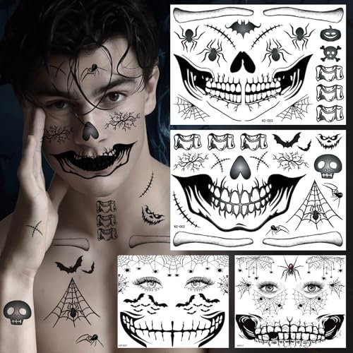 Halloween Tattoo Gesicht,Gesichtstattoo Halloween Aufkleber Skelett Zombie Clown Teufel,Mund und Hexen Temporäre Tattoo Gesicht für Schminke Tag der Toten Kostüm Damen Make up Accessoires
