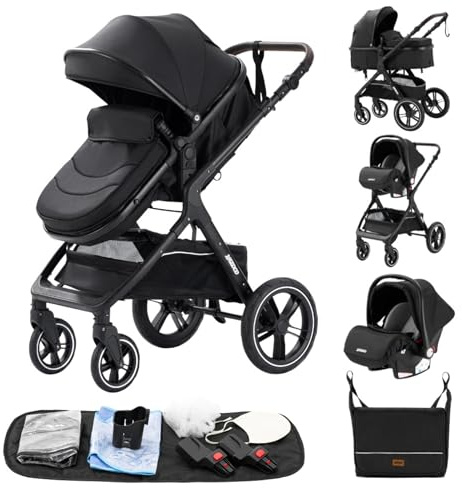 GLOKID Kinderwagen 3 in 1,Reisesysteme, Babywanne Buggy,Voll-Gummireifen,Mit Einem Klick Zusammenklappbarer, Rain cover Mosquito net, Mummy Bag（Schwarz）