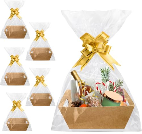 Geschenkkörbe Set, 6 Stück Präsentkorb Leer Körbe Für Geschenke Geschenkkorb Pappe Mit Griffen Bogenknoten Und Transparenten Geschenktüten, Hamper Basket Kit Für Weihnachten Party Feiern (Kraftfarbe)