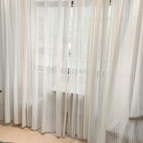 BCughia Gardinen 2er Set Gaze, Vorhänge Lichtdurchlässig Hohl Spitze Vorhang Schlafzimmer H 160 x B 96 cm, Beige Weiß