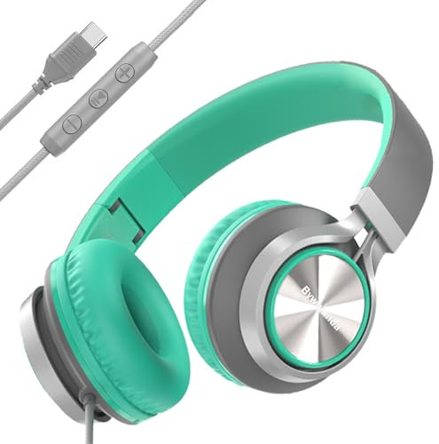 Bywulanda USB C Headphones with Mic and Volume Control, Over Ear Stereo Headsets for iPhone 15 16 Pro, Wired Foldable Headphones for Smartphones Chromebook Laptop Tablets Travel(Green/Gray)