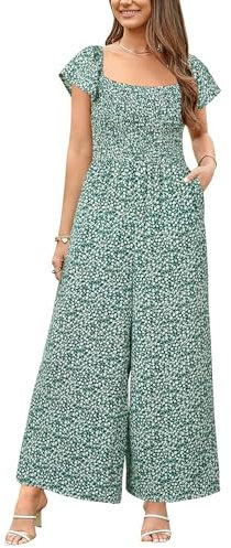 VOTEPRETTY Jumpsuits for Women UK Short Sleeve Square Neck Smocked Wide Leg Long Playsuit One Piece with Pockets Green White Flower,XL