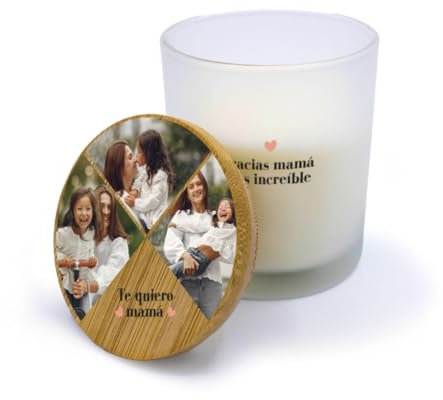 DEREGALOOS Velas personalizadas con tapa de madera. Candelas aromáticas para decoración. Detalles para Día de la Madre personalizados. Regalos originales. (3 fotos)