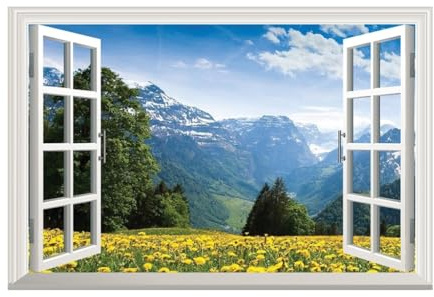 Vinilo decorativo 3D para ventana, paisaje de montaña con flores amarillas, 59 x 40 cm, adhesivo de pared con vista de naturaleza escénica
