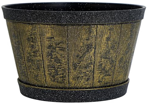 SG Traders Round Plastic Whisky Barrel Garden Pot Flower Pots Planter Tub Patio Pot Outdoor Traditional Barrel Brown with Silver Bands Garden Plant Pot Outdoors with Drainage Holes (Pack of 1)