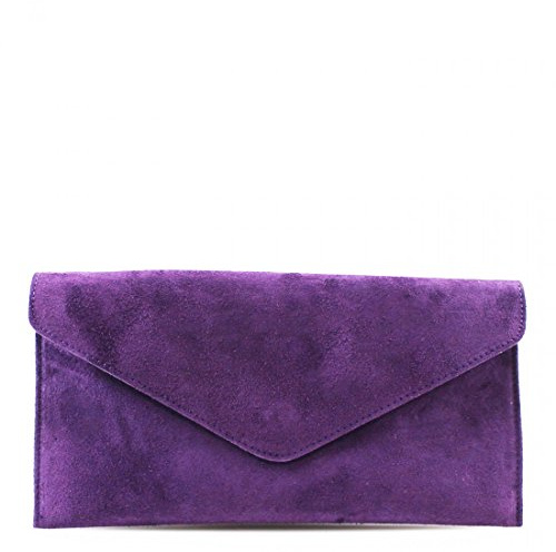 Ladies Women Real Suede Leather Envelope Chain Clutch Party Prom Evening Bag (Purple)