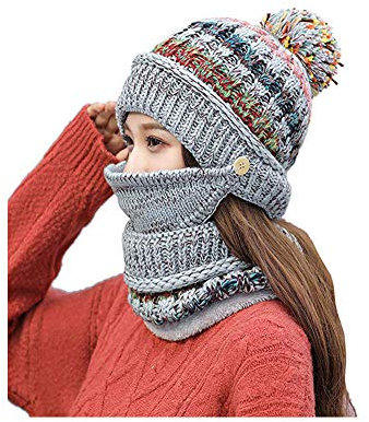 Umily Damen Mädchen Stricken Mütze Schal Maske Set weiche warme Fleece gefüttert Winter Ski Hut mit Pompom