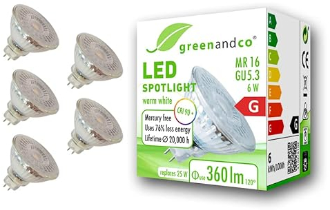 greenandco 5x CRI 90+ MR16 GU5.3 LED Spot | 6W 360 lm | 3000K warmweiß | 110° | 12V AC/DC | nicht dimmbar
