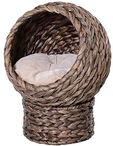 PawHut Rattan Katzenkorb Katzenhöhle Katzenhütte Katzenbett mit Kissen Haustierbett Wasserhyazinthe Kaffee 42 x 33 x 52 cm