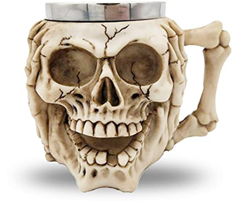 BAYINBROOK Acier Inoxydable Tête de Mort Mug,Tasse de Bière de Médiévale,3D Tasse de Café en Résine,pour Boisson,Café,Bière,Décor D'Halloween,Cadeau,400ML,(Cover Face)