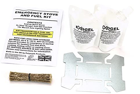 Emergency Stove and Fuel Kit. Compact 'fold-up' stove and gel fuel. For camping, travel or home backup use. UK-Made.