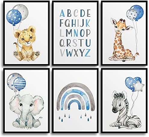 Frechdax® Set Poster Kinderzimmer - A4 Bilder Babyzimmer - Junge Deko Mädchen Tiere Safari