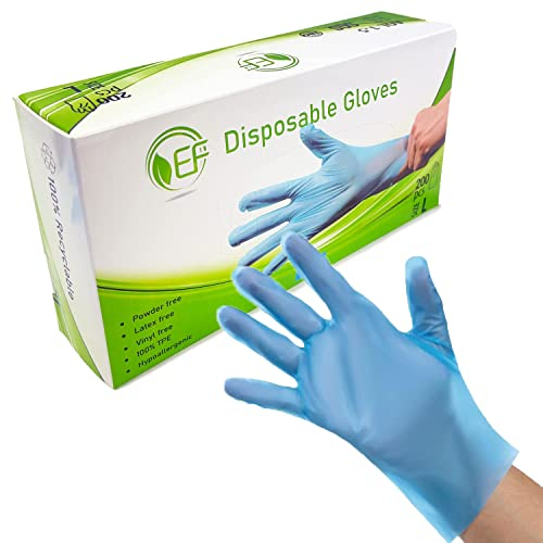 Disposable Blue TPE Gloves | Pk of 200 | Strong & Stretchable | 100% Recyclable | Powder, Vinyl, Latex Free | Food Grade Protective Gloves | Multi-Purpose | Cleaning & Household work (XL)