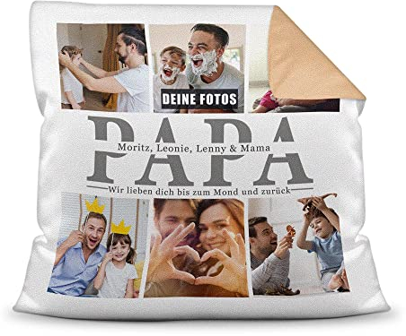 Foto-Kissen selbst gestalten - Papa wir lieben Dich - Collage mit 6 Fotos & Namen - Geschenk für den besten Papa von Kindern - inkl. Füllung, Farbkissen Rückseite Mokka, 40x40 cm