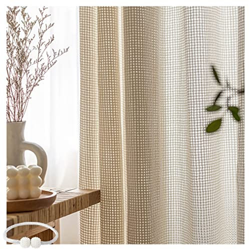 Style Japonais Rideaux Voile Aspect Lin Design Moderne Rideau Demi-Transparent Pour Salon Chambre À Coucher 2 Panneaux,Hook up,W170xL140cm