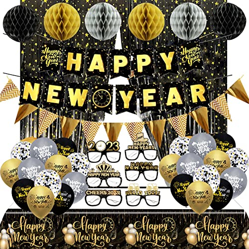 Neujahr 2025 Dekorationen Ballon Kits,Happy New Year Veranda-Schild,2025 Silvester Deko, Schwarz Gold Neujahr Dekoration