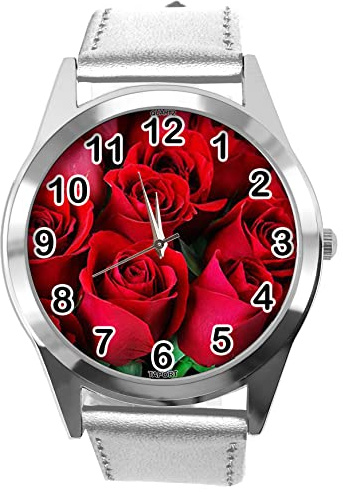 TAPORT Silver Leather Round Watch for Flowers Fans e2