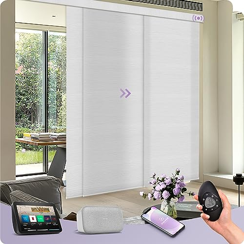 Graywind Elektrische Schiebevorhänge nach Maß, WiFi Fest Verdrahtet Lichtfilterung Smart Schiebegardinen, Motorisierte Flächenvorhang Lamellenvorhang für Schiebetüren und Fenster, Jacquard Weiß