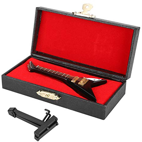 Cyrank V-Form-Gitarren-Ornament, Holz-Musikinstrument-Modell-Display-Ornament mit Ständer und Gehäuse Miniatur-Musikinstrument-Replik-Dekoration