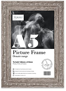 Almost Frameless A5 Walnut Ornate Picture Frame Fits A5 (14.8 x 21cm - 5.8 x 8.3in) Poster, Photo, Artwork, or Print. Antique Style Portrait and Landscape Display with Wall Hooks